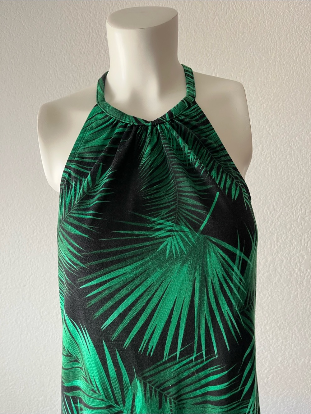 Stunning and Vibrant Green Palm Print Halter Dress